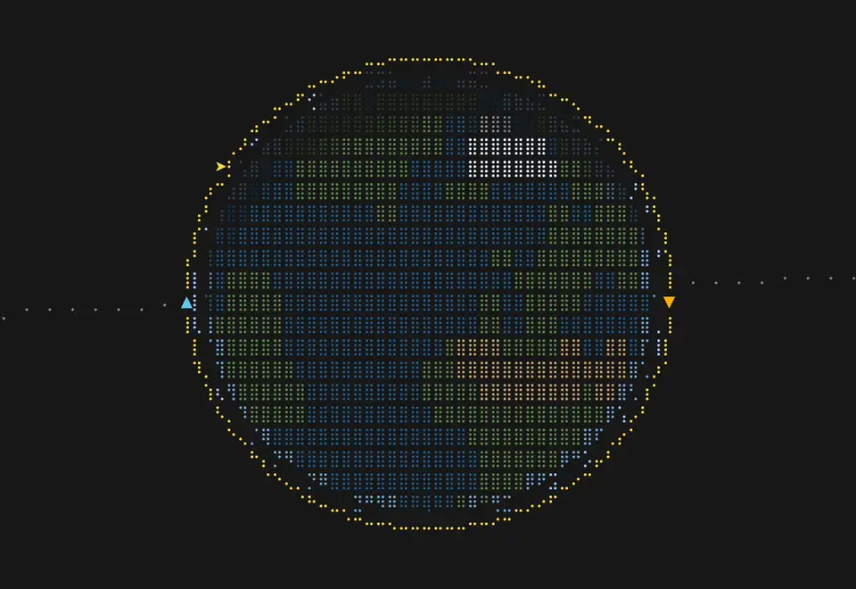 Recording of the game in a terminal: Earth drawn in coloured braille dots turns under 1000x time warp while a vessel goes round its 500 km orbit, with the apoapsis and periapsis marked.
